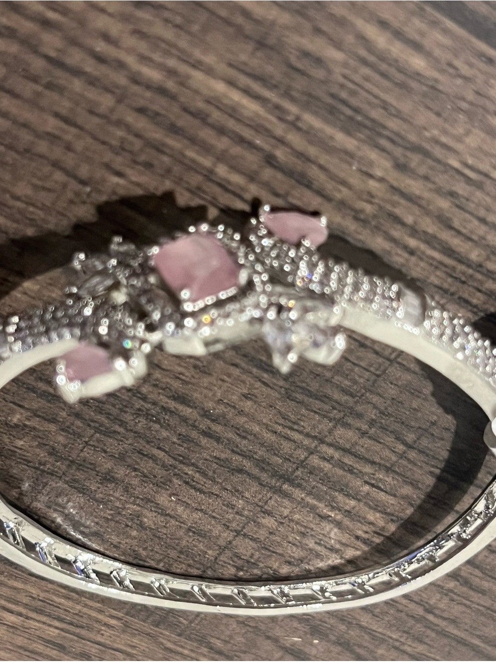 Elegant Pink Stone Silver-Tone Bangle Bracelet - Women Jewelry imported - Picture 2 of 3